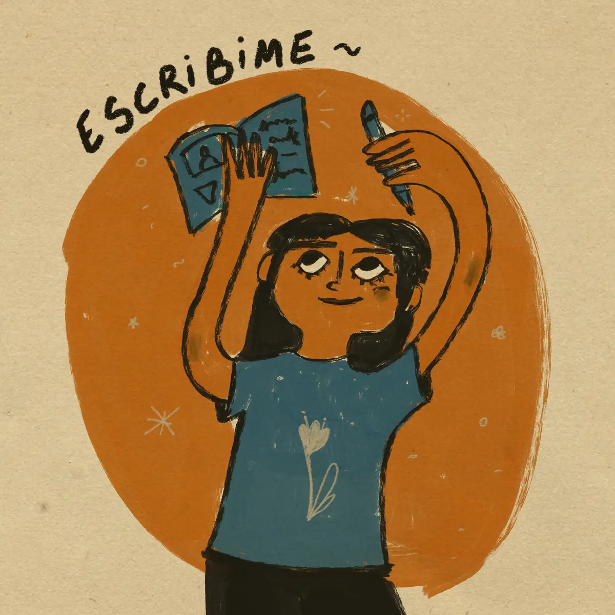 Nat sobre un círculo naranja sosteniendo un libro y un lápiz, con «Escribime» escrito a mano