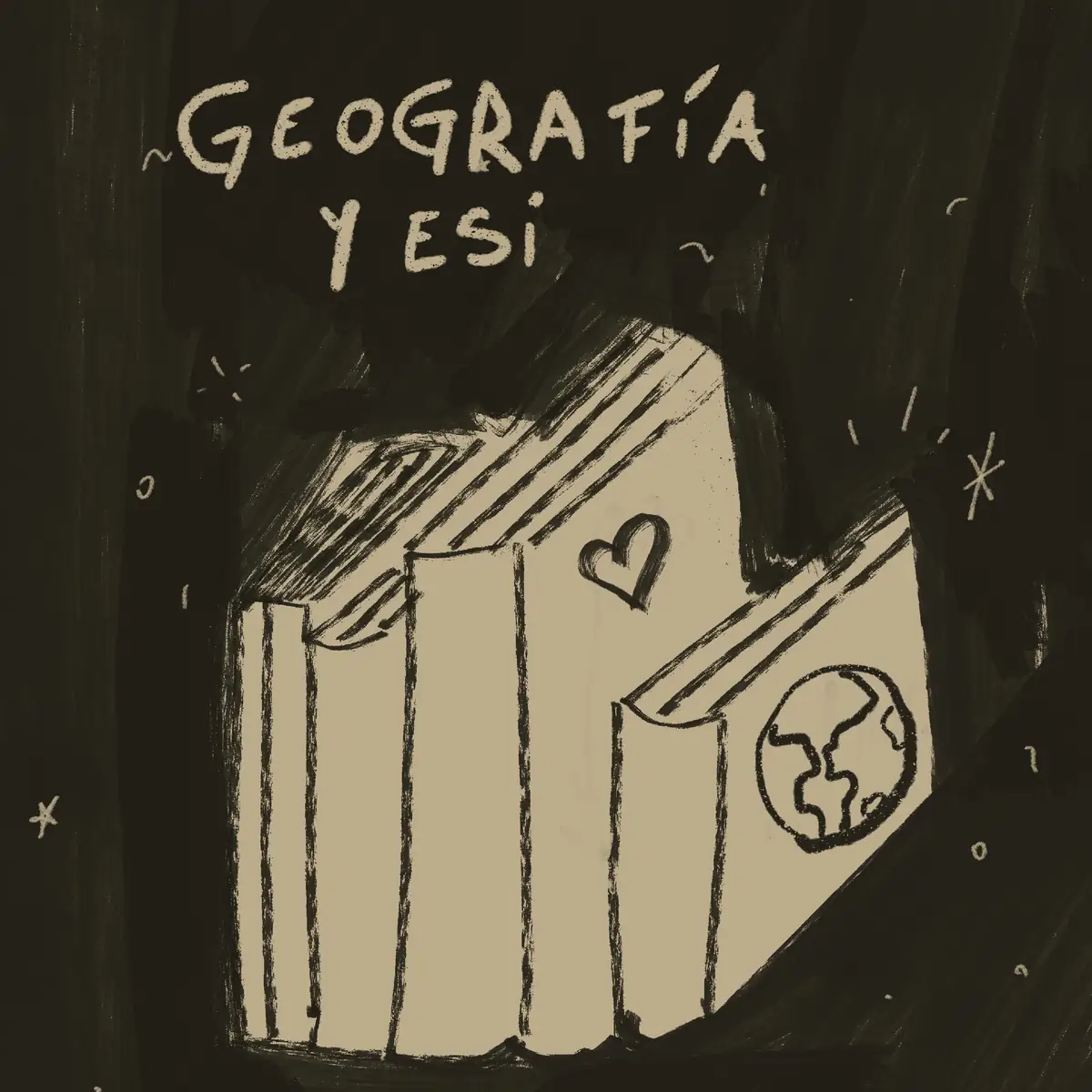 Libros color crema con un globo terráqueo dibujado, con «Geografía y ESI» escrito a mano