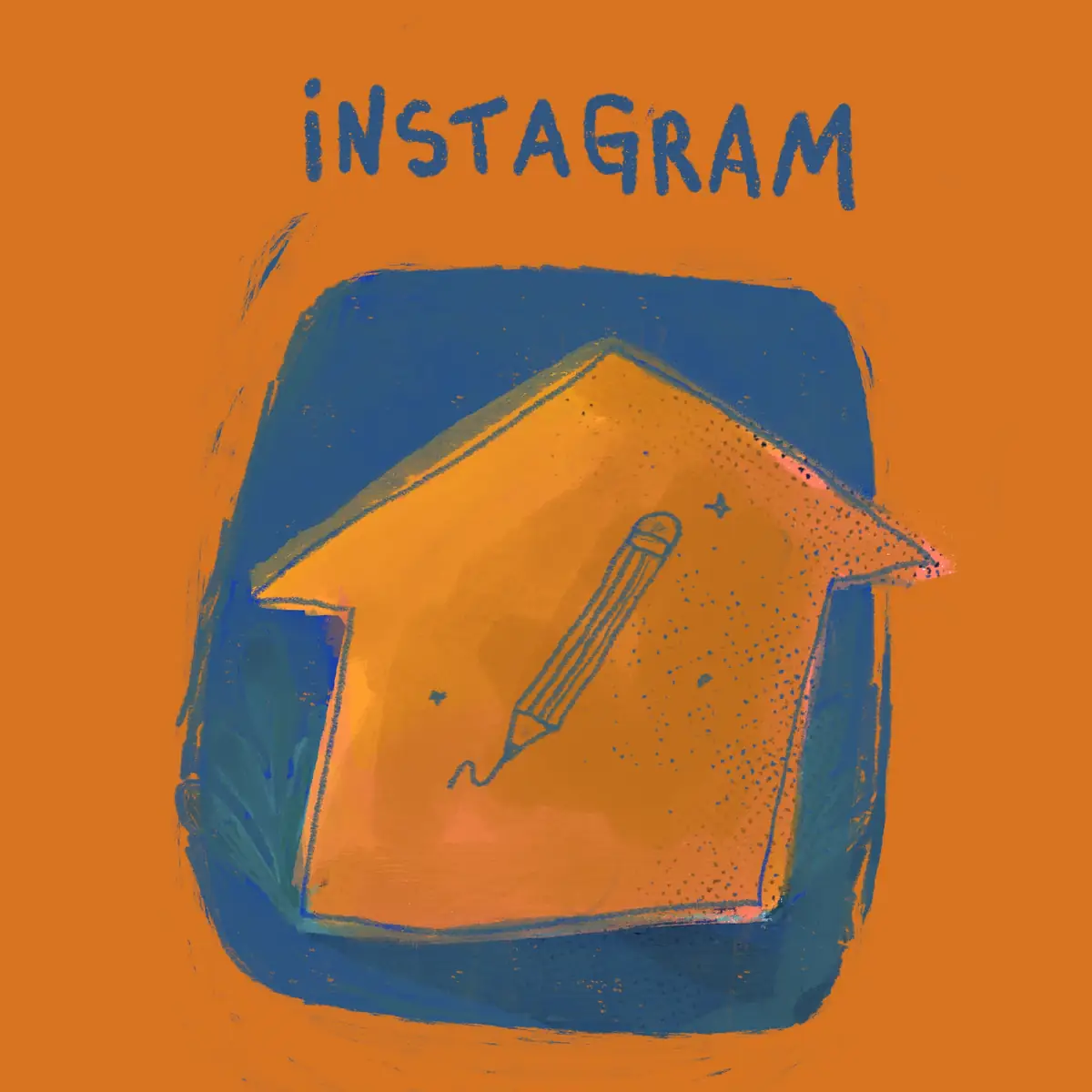 Una casa naranja con un lápiz dentro sobre un fondo azul, con «Instagram» escrito a mano