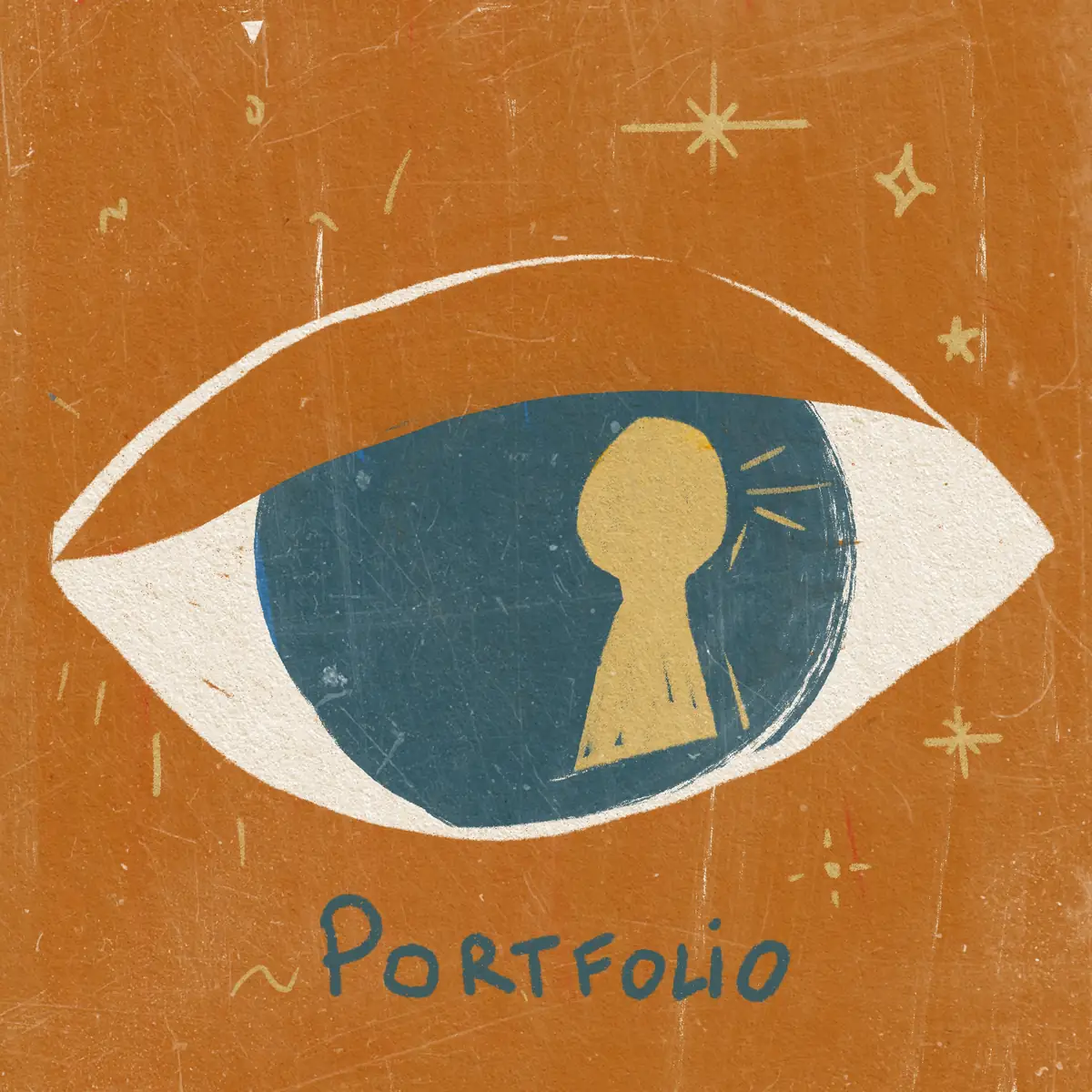 Un ojo grande con una cerradura por pupila sobre fondo naranja, con la palabra «Portfolio» escrita a mano
