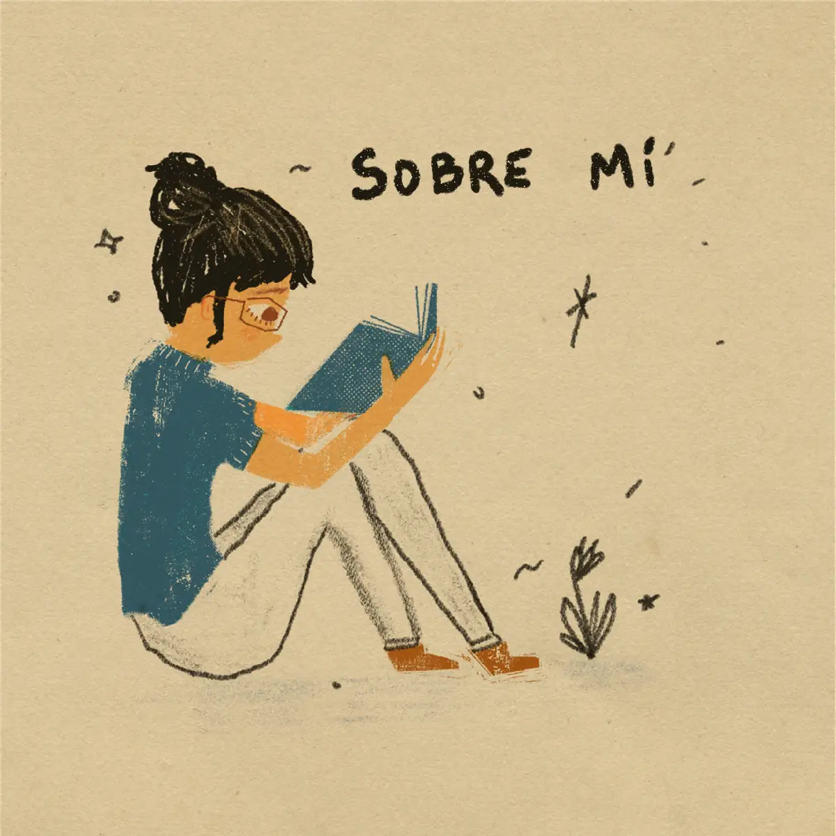 Nat sentada leyendo sobre fondo crema, con «Sobre mí» escrito a mano