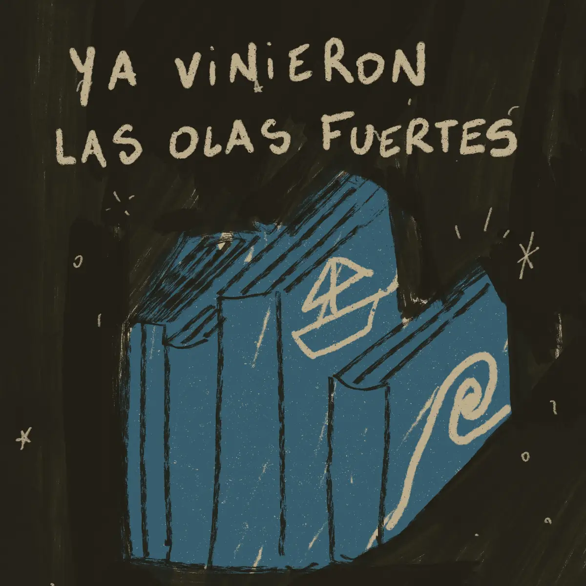 Libros azules abiertos sobre fondo oscuro, con «Ya vinieron las olas fuertes» escrito a mano
